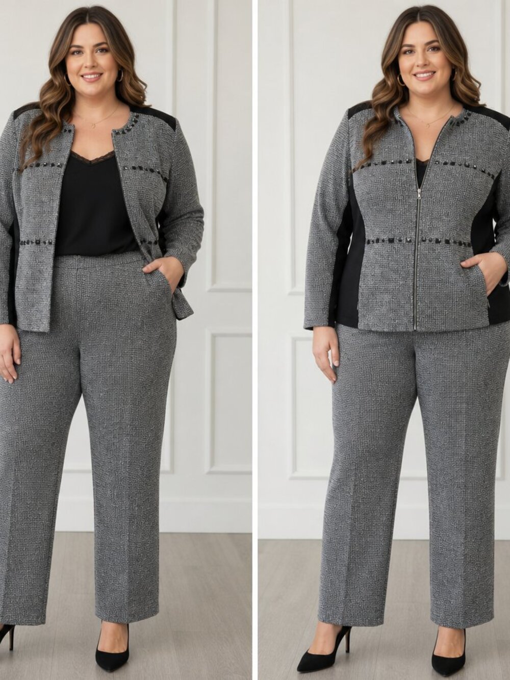 Alfred Dunner Gray Tweed Pantsuit with Black Side Panels – Size 16